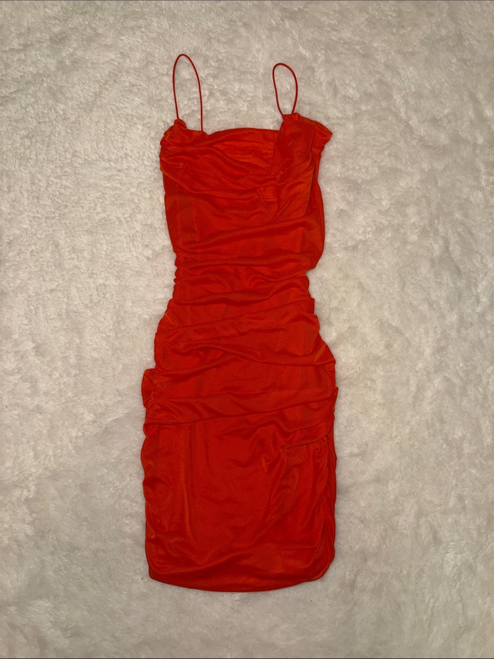 Orange Garage, Low Back Rouched Mini Dress